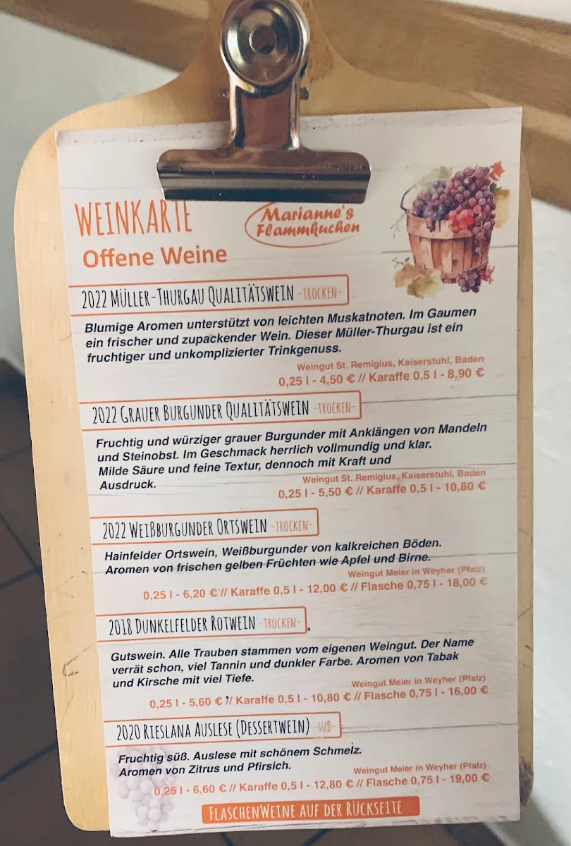 Speisekarte, Marianne’s Flammkuchen GmbH