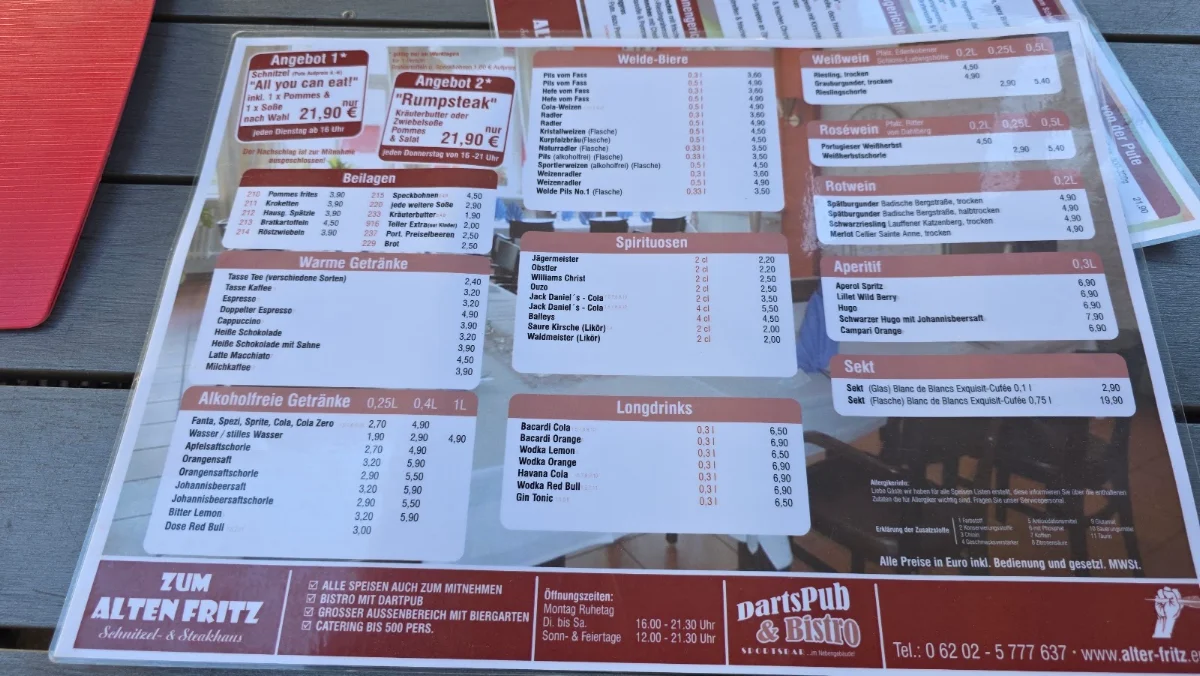 Speisekarte, Zum alten Fritz
