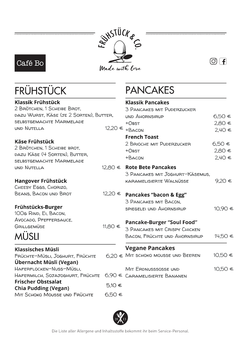 Speisekarte, Café Bo Zollstock
