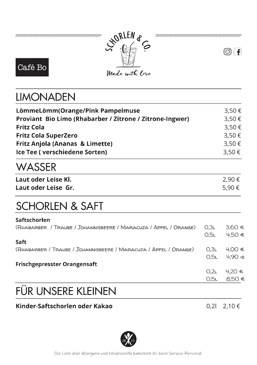 Speisekarte, Café Bo Zollstock