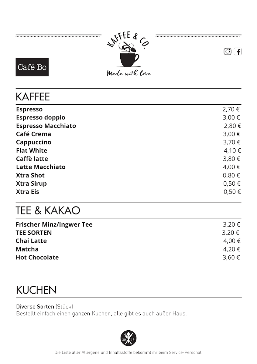 Speisekarte, Café Bo Zollstock