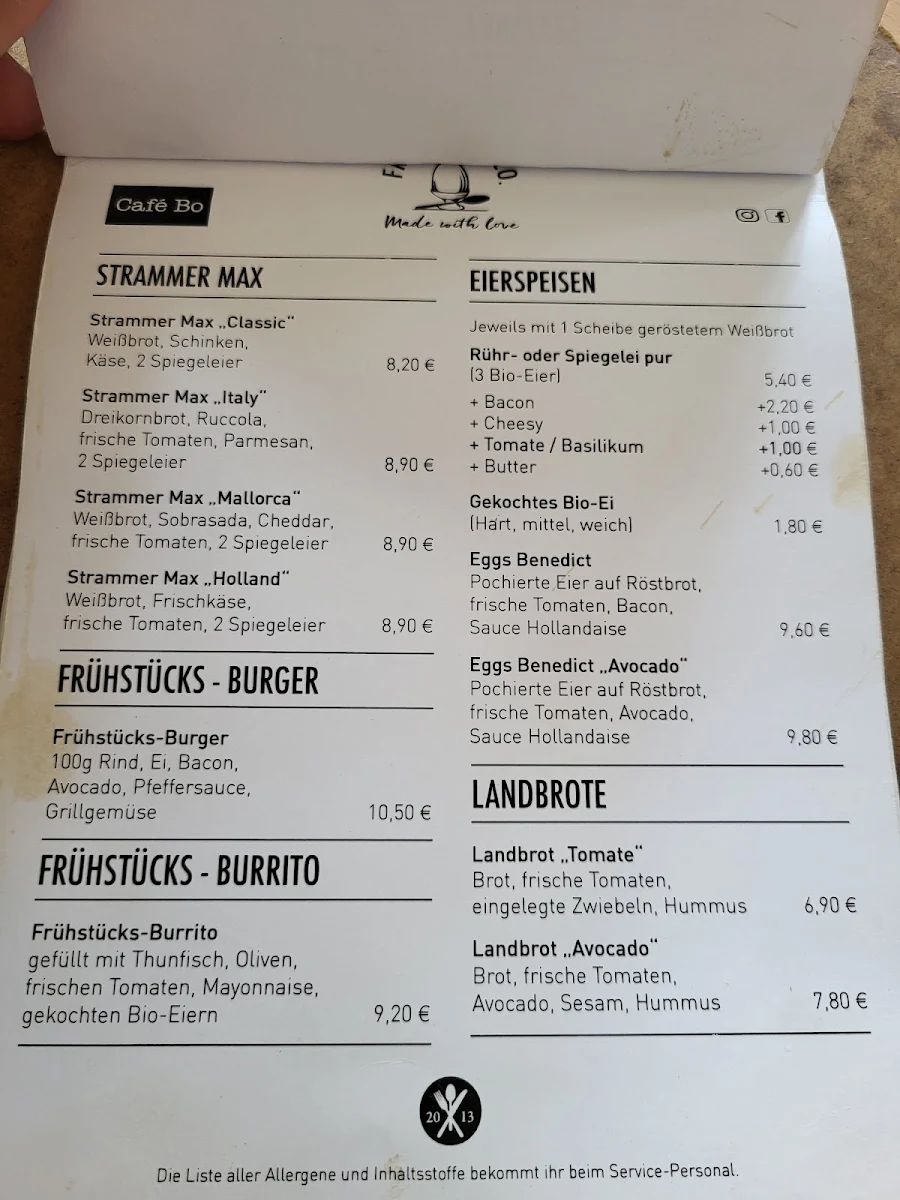 Speisekarte, Café Bo Zollstock