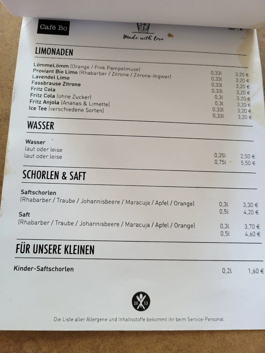 Speisekarte, Café Bo Zollstock