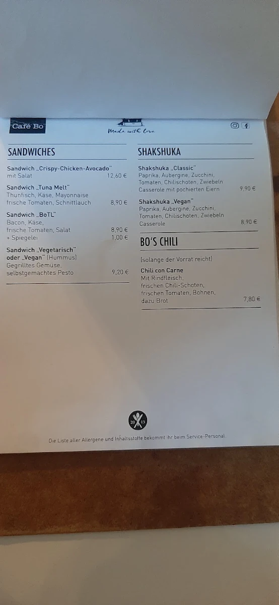 Speisekarte, Café Bo Zollstock