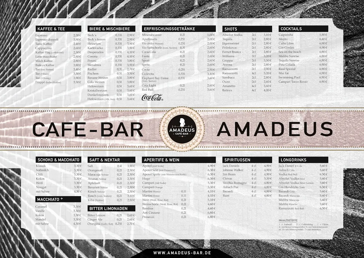 Speisekarte, AMADEUS Café-Bar