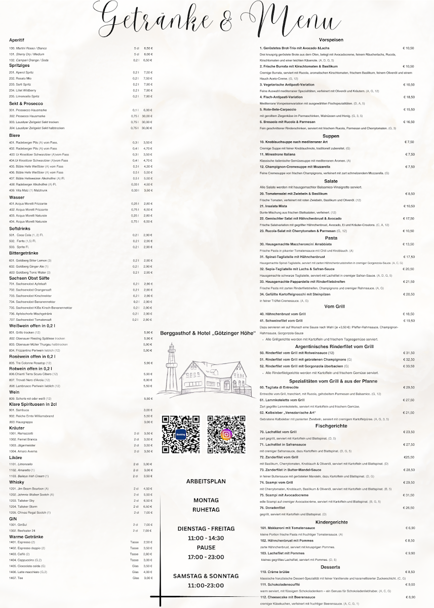 Speisekarte, Berggasthof & Hotel „Götzinger Höhe“