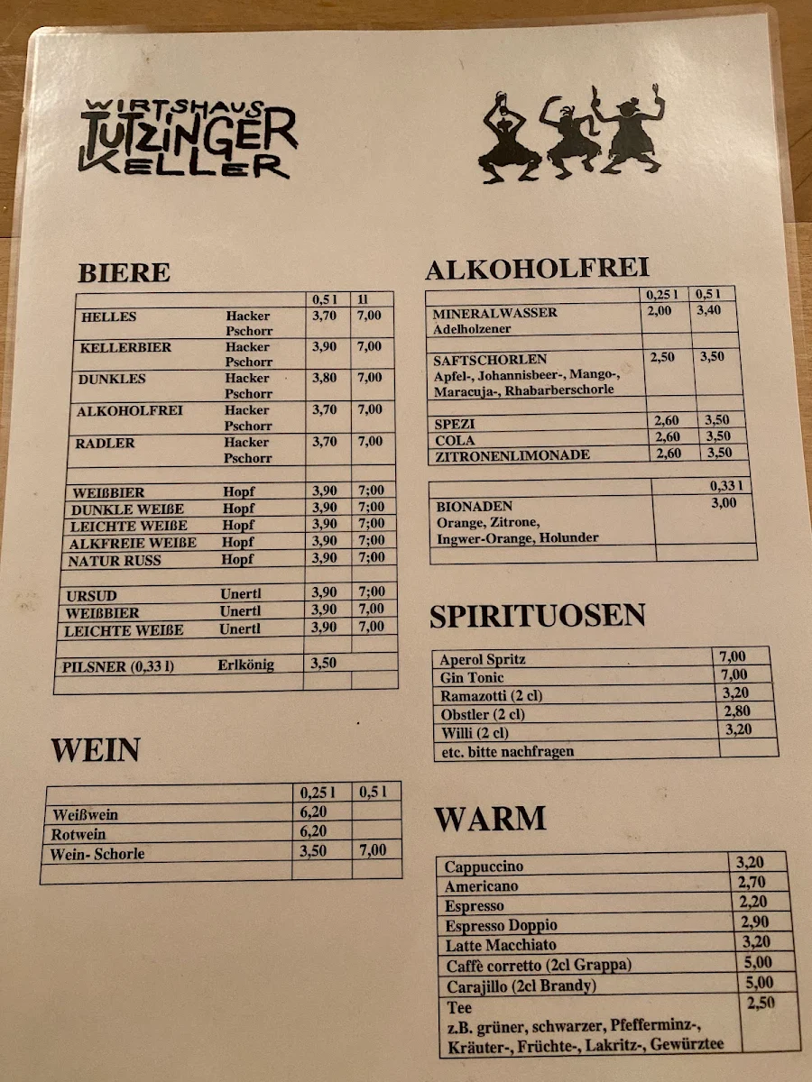 Speisekarte, Wirtshaus Tutzinger Keller