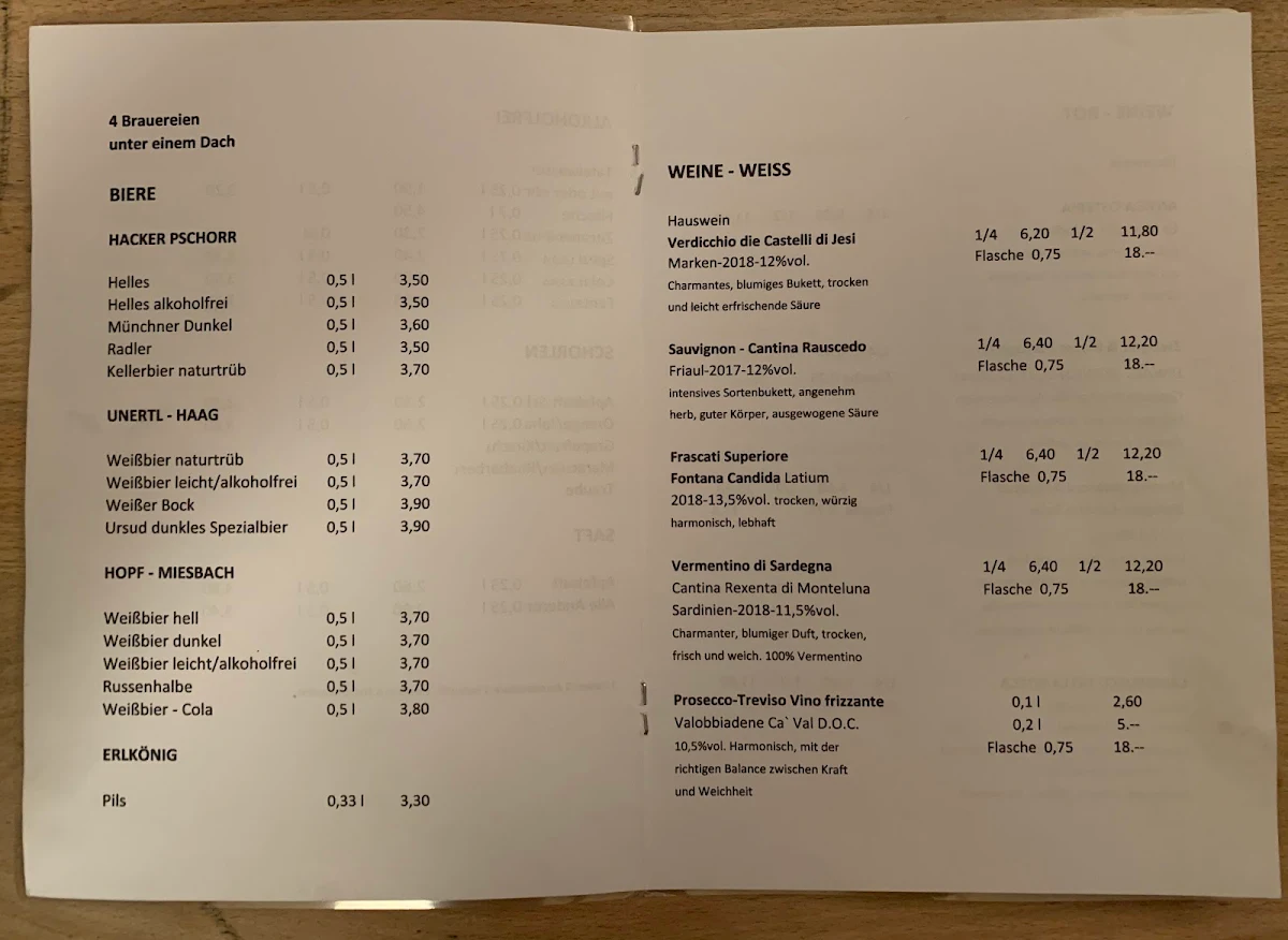 Speisekarte, Wirtshaus Tutzinger Keller