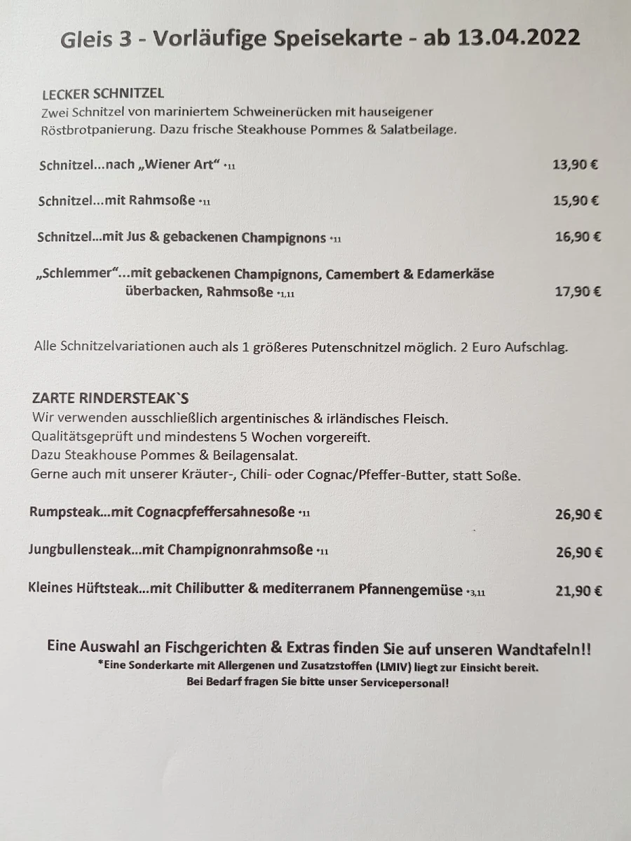 Speisekarte, Restaurant Bistro Gleis 3