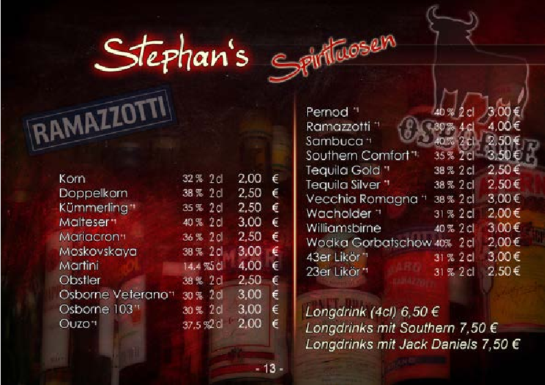 Speisekarte, Stephan's Bar & Cocktail-Lounge