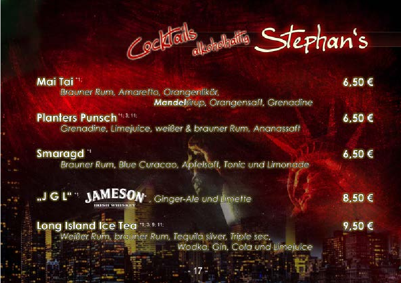 Speisekarte, Stephan's Bar & Cocktail-Lounge