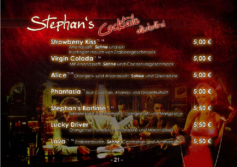 Speisekarte, Stephan's Bar & Cocktail-Lounge