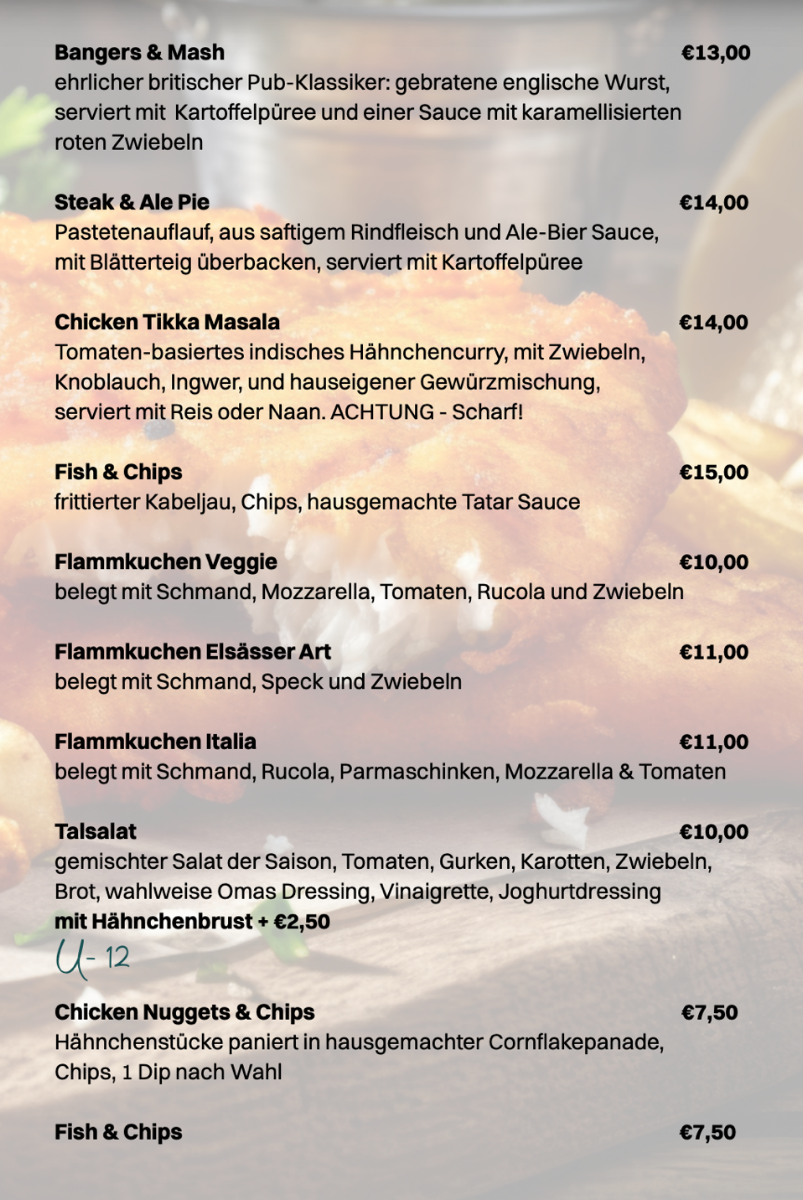 Speisekarte, talschlösschen