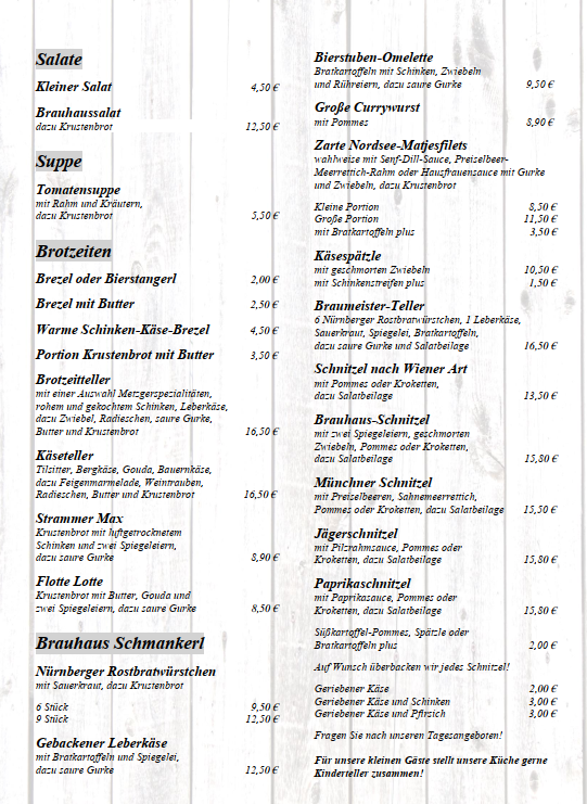 Speisekarte, Brauhaus Obernkirchen