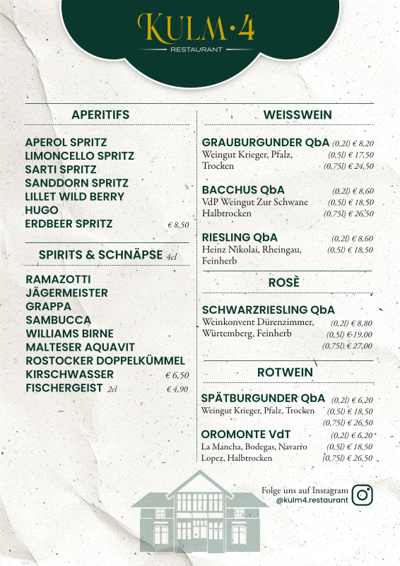 Speisekarte, Restaurant Kulm4