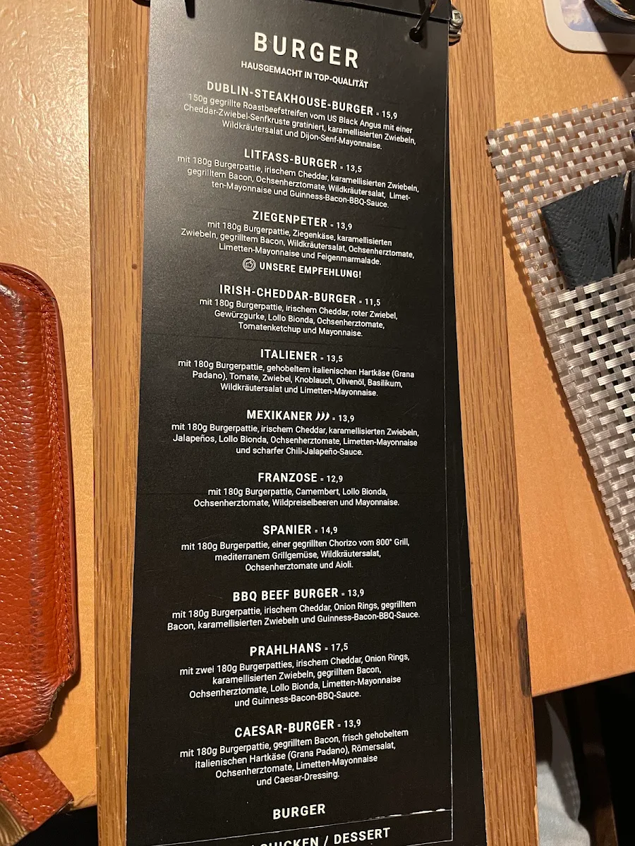 Speisekarte, Litfass - Irish Pub, 800° Steakhouse & Burgergrill