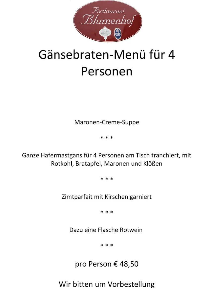 Speisekarte, Restaurant Blumenhof GmbH