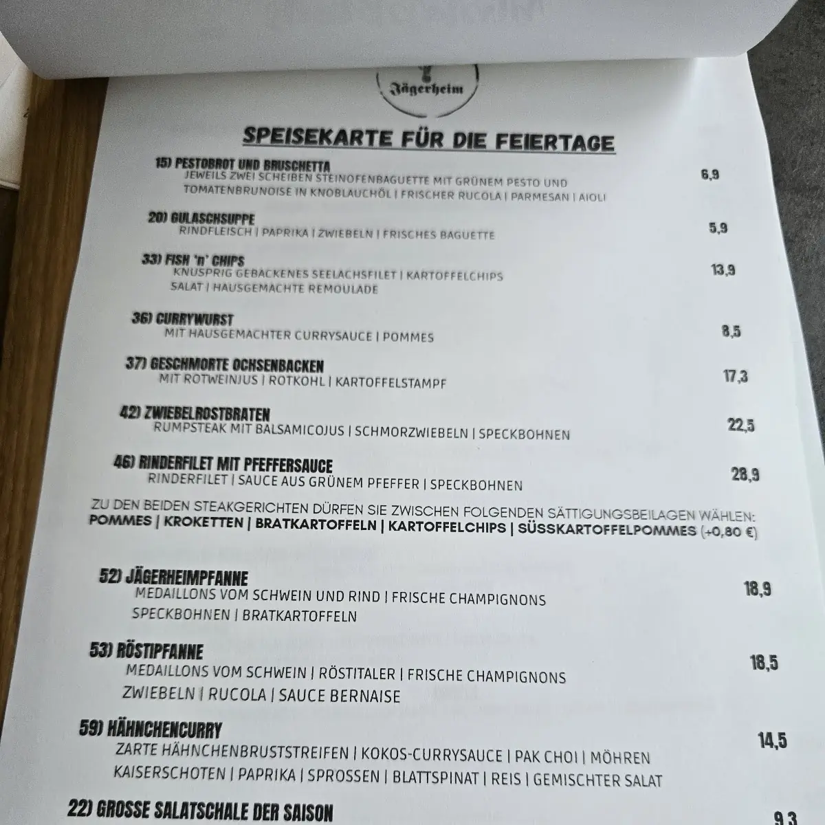 Speisekarte, Raststätte Jägerheim