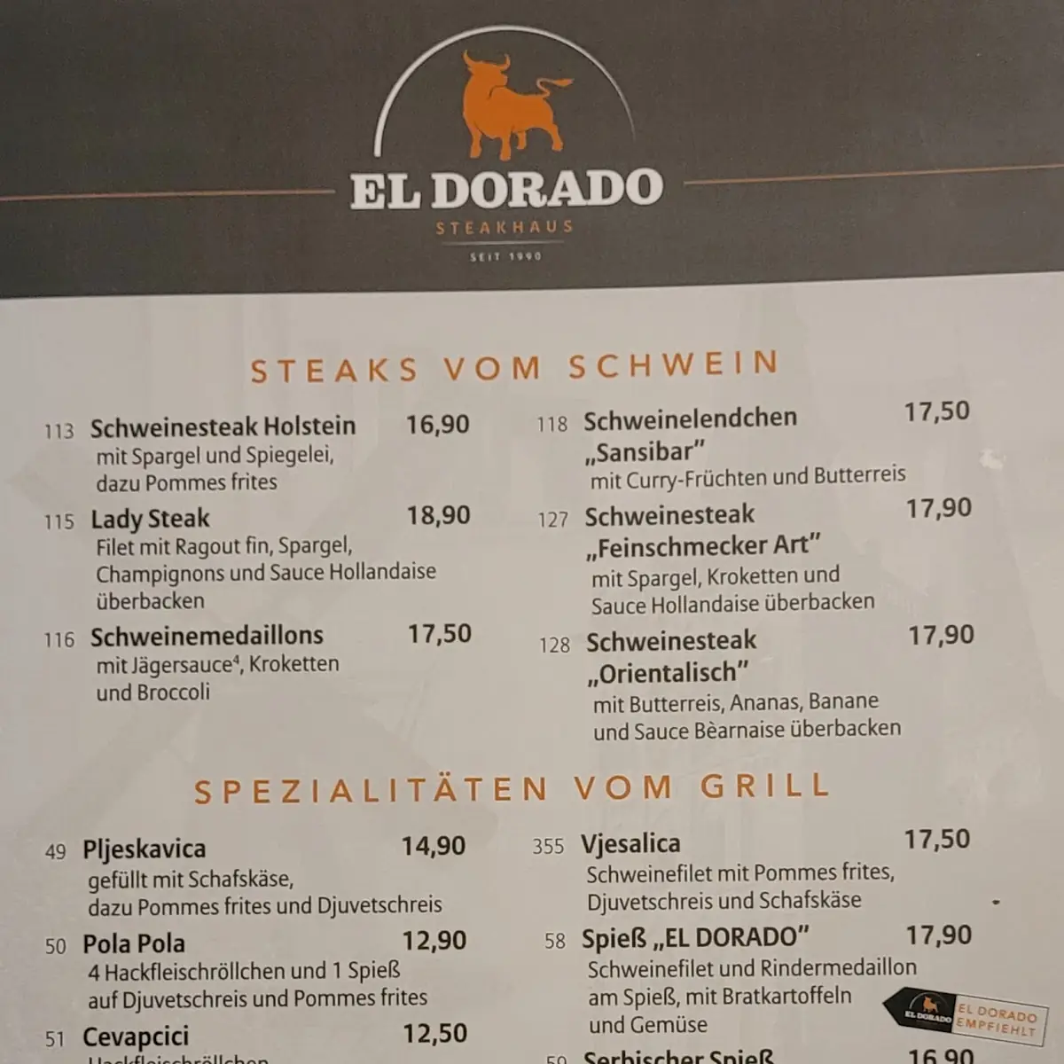 Speisekarte, El Dorado Steakhouse