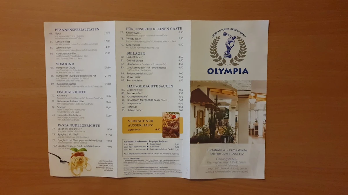 Speisekarte, Restaurant Olympia