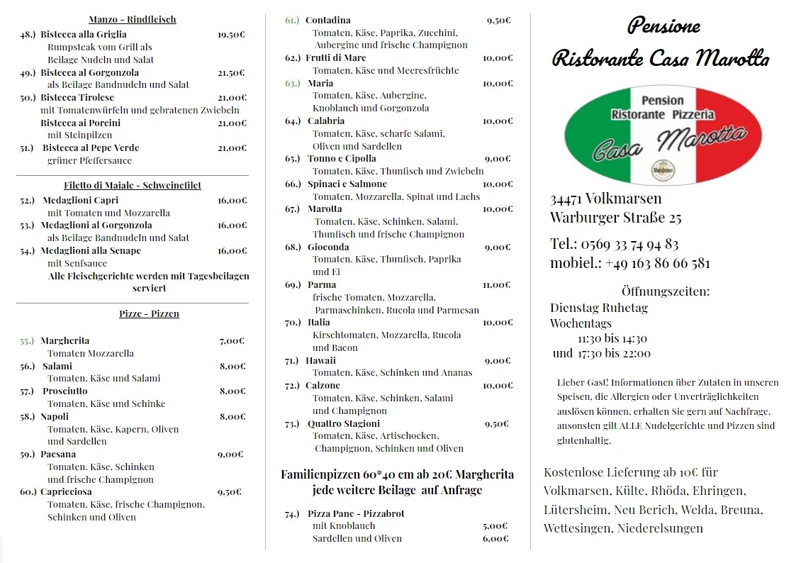 Speisekarte, Pensione e Ristorante Casa Marotta