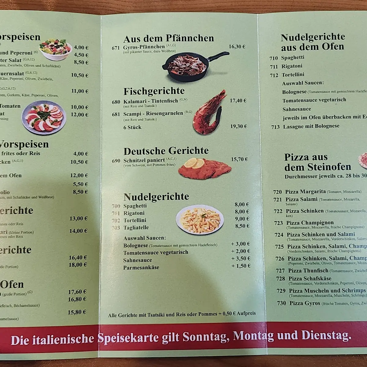 Speisekarte, TAVERNA BEI NIKO Donnerstag Freitag und Samstag Griechische Küche, Sonntag Montag und Dienstag ,PIZZA UND NUDELN
