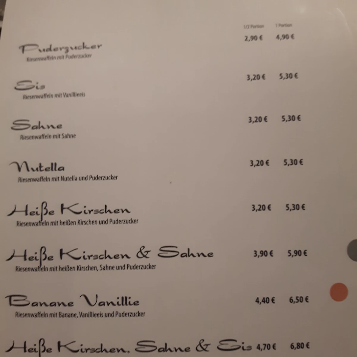 Speisekarte, Bacio Eiscafé