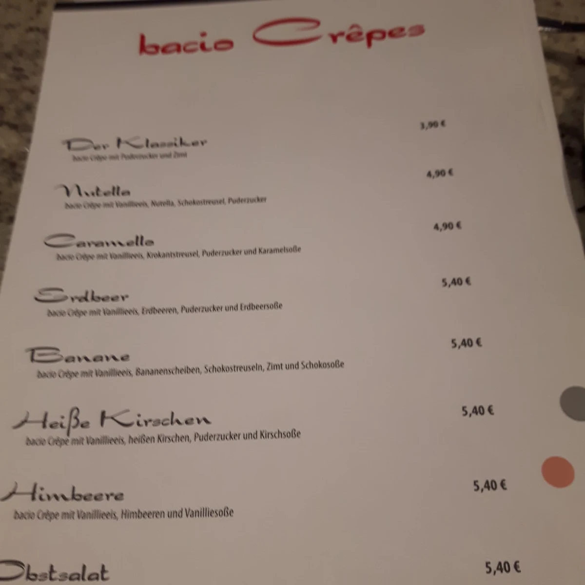 Speisekarte, Bacio Eiscafé
