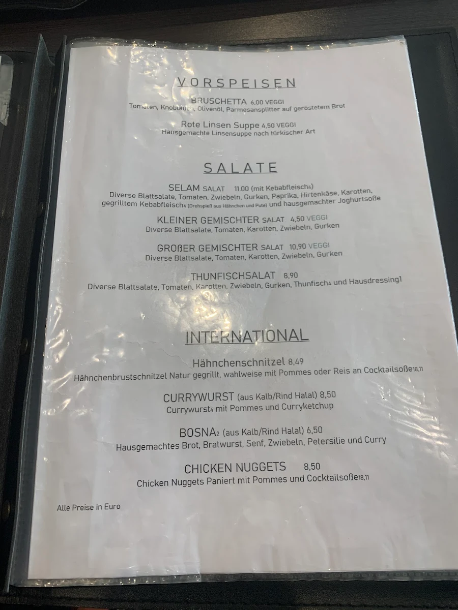 Speisekarte, SELAM Restaurant