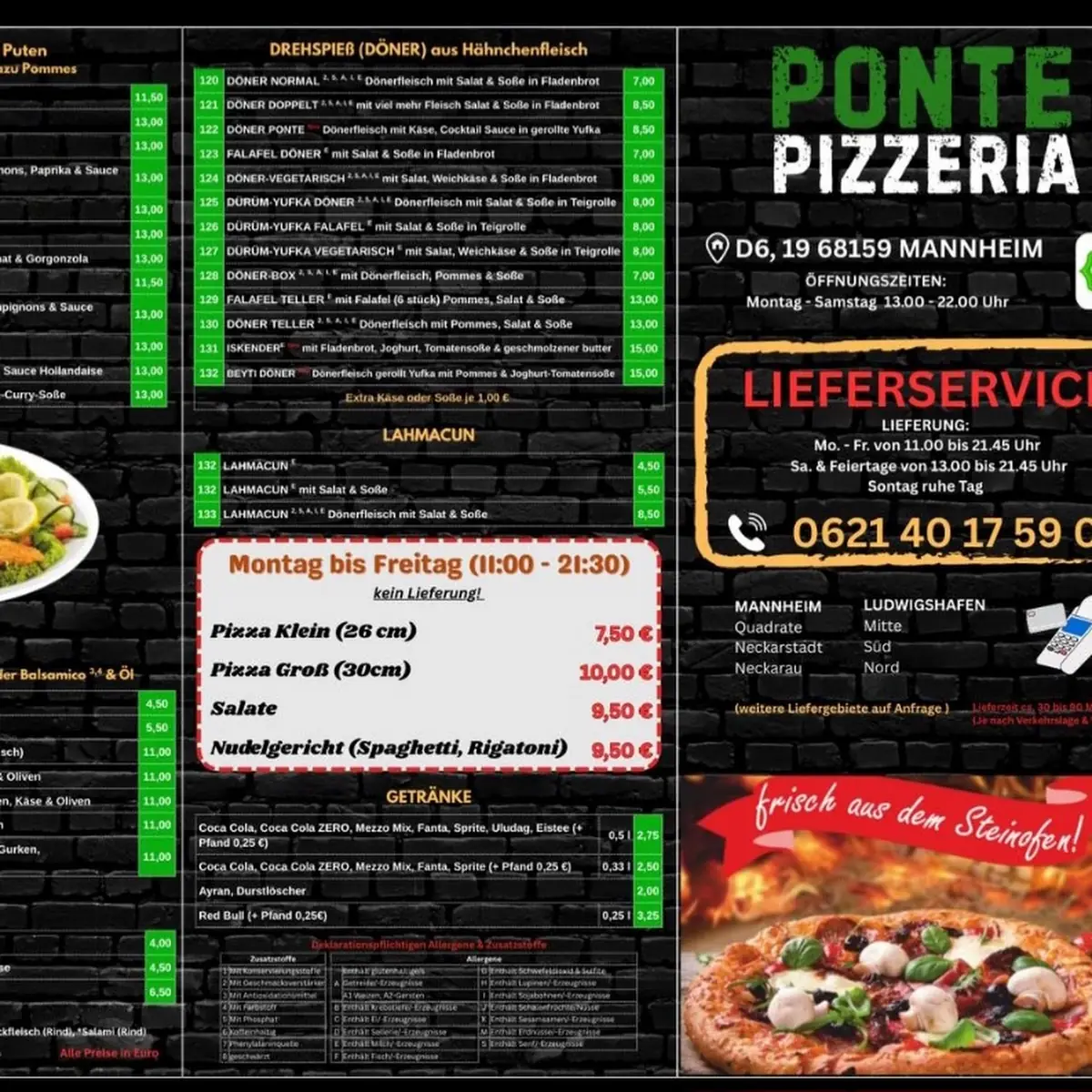 Speisekarte, Ponte Pizzeria