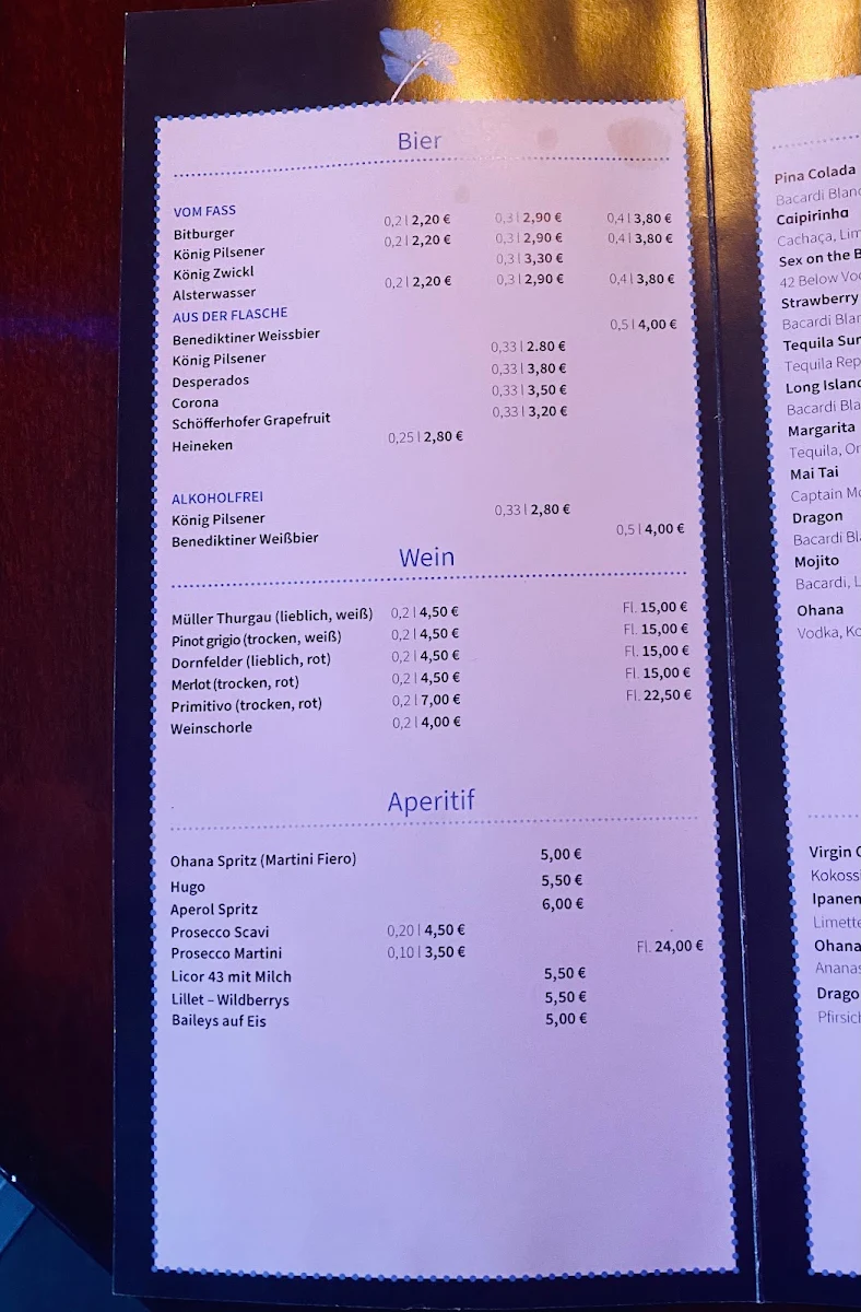 Speisekarte, OHANA Bar