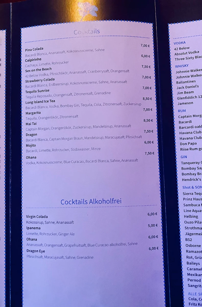 Speisekarte, OHANA Bar