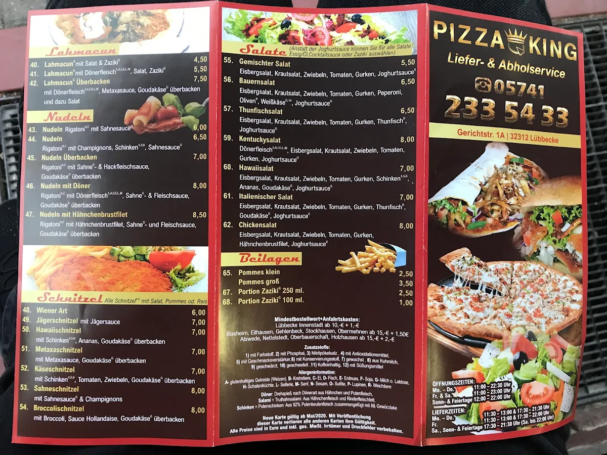 Speisekarte, Pizza King