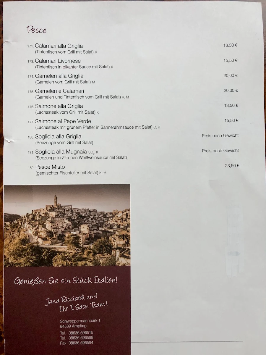 Speisekarte, Ristorante Pizzeria I Sassi