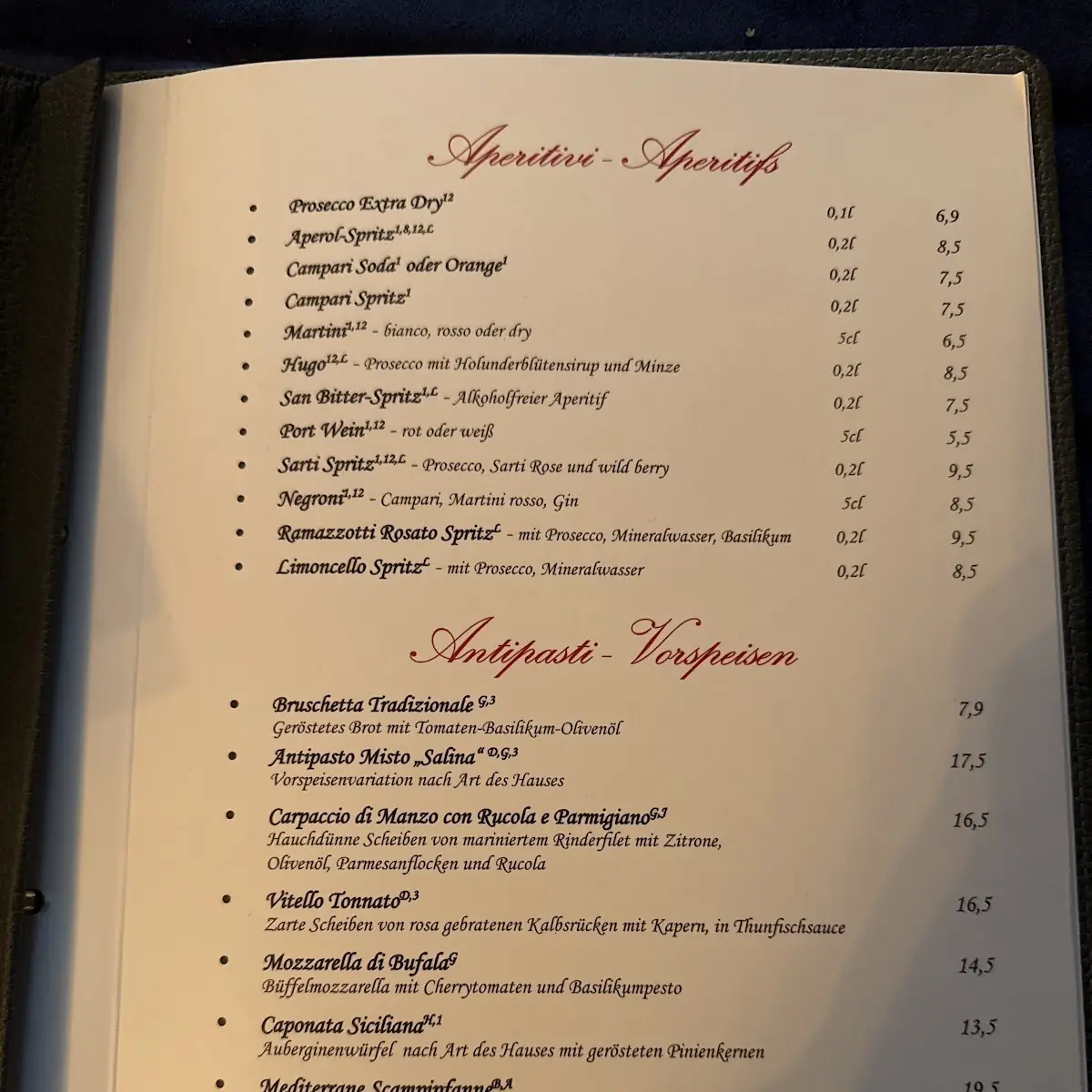 Speisekarte, Ristorante Salina