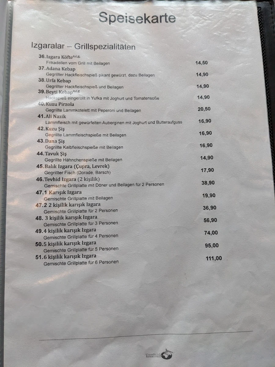 Speisekarte, Tevhid Restaurant