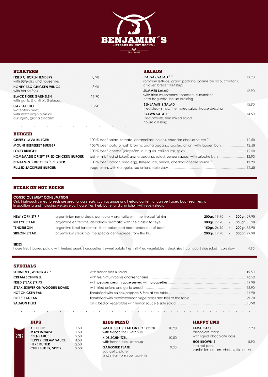 Speisekarte, Benjamin's Restaurant