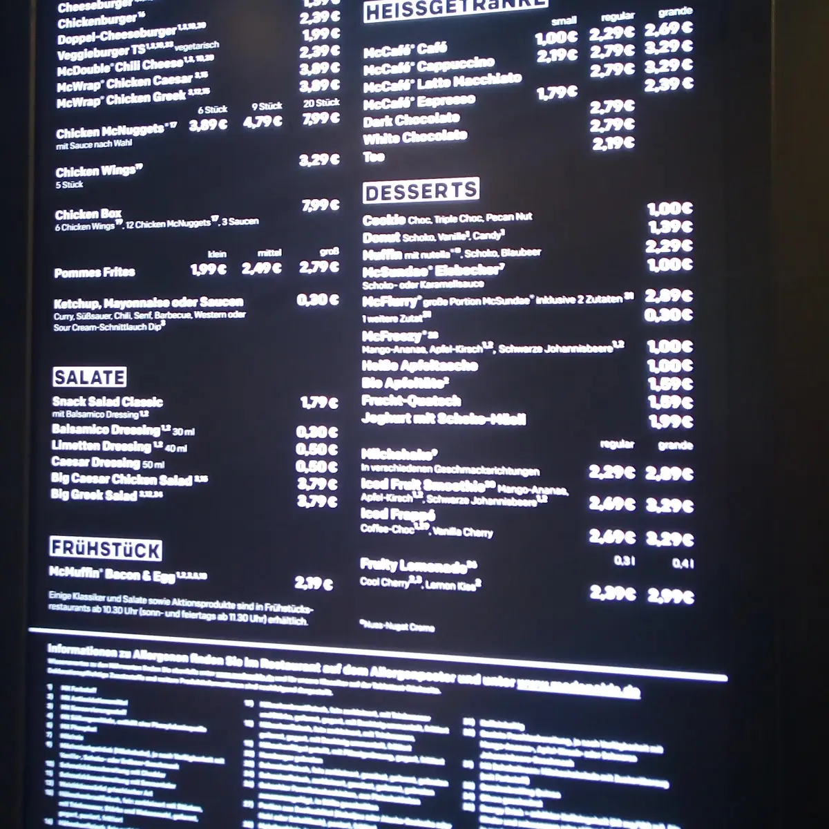 Speisekarte, McDonald's