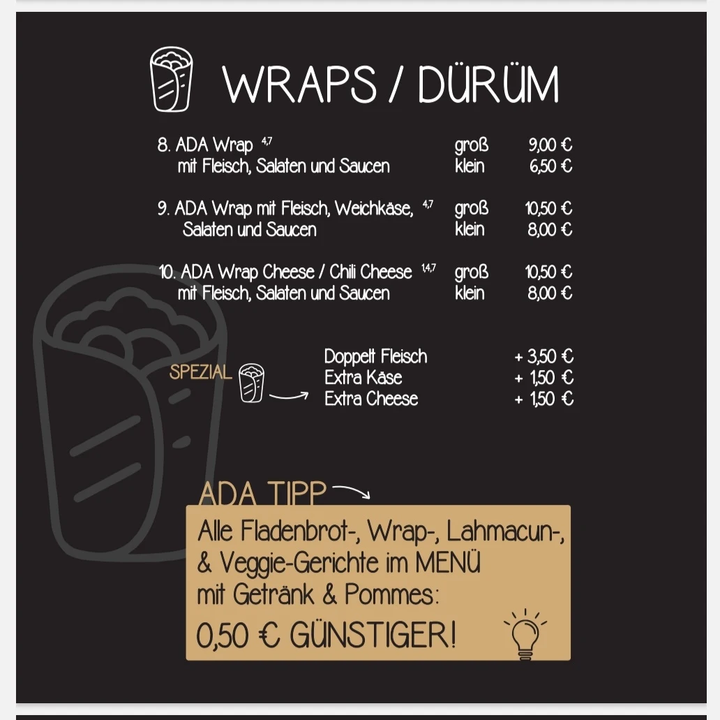 Speisekarte, ADA Döner - Das Original seit 1991
