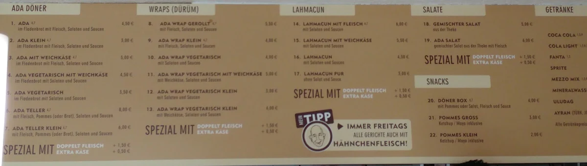 Speisekarte, ADA Döner - Das Original seit 1991
