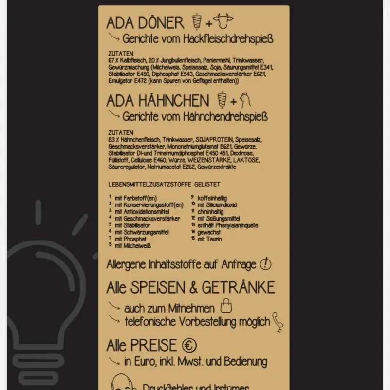 Speisekarte, ADA Döner - Das Original seit 1991