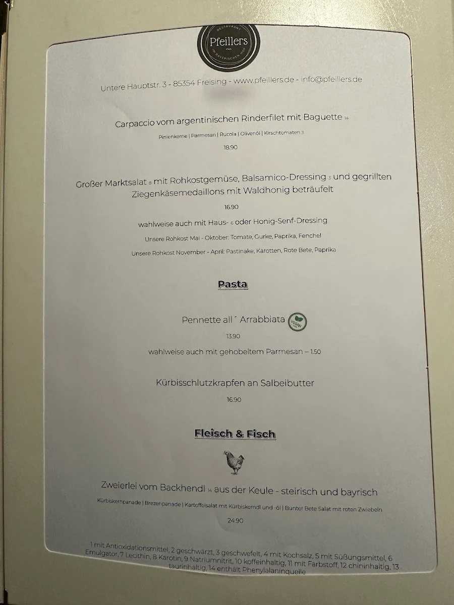 Speisekarte, Pfeillers Restaurant im Bayerischer Hof