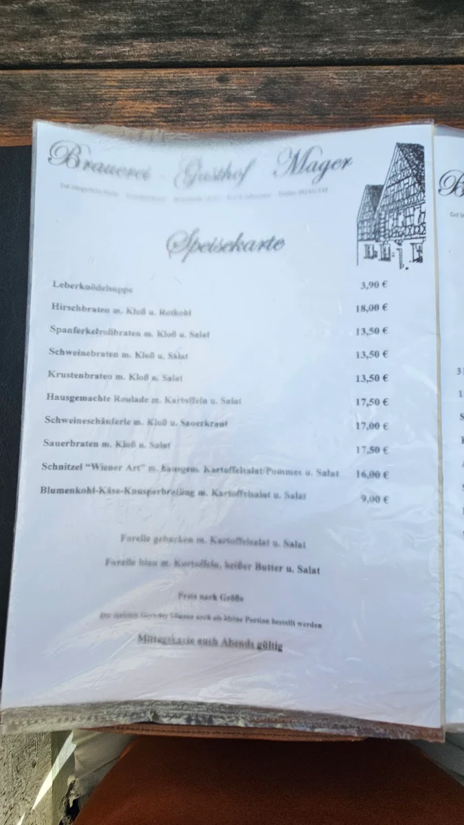 Speisekarte, Brauerei und Gaststätte Mager
