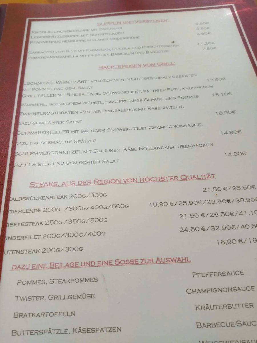 Speisekarte, Biberger-Alm