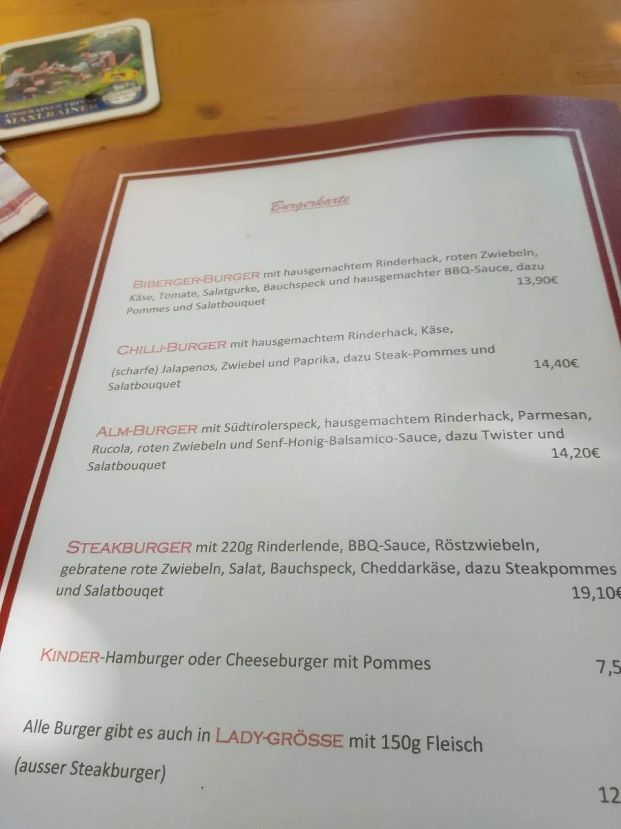 Speisekarte, Biberger-Alm