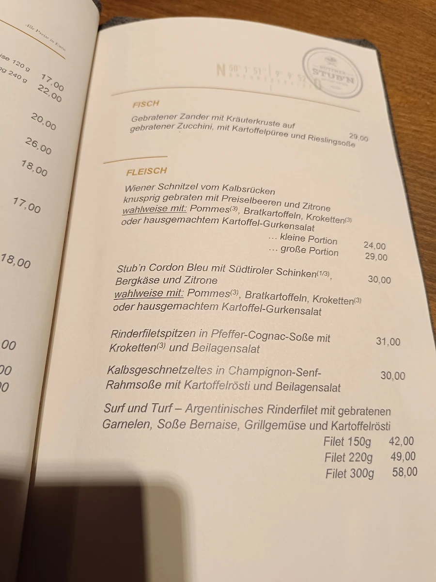 Speisekarte, Büttner Stub‘n