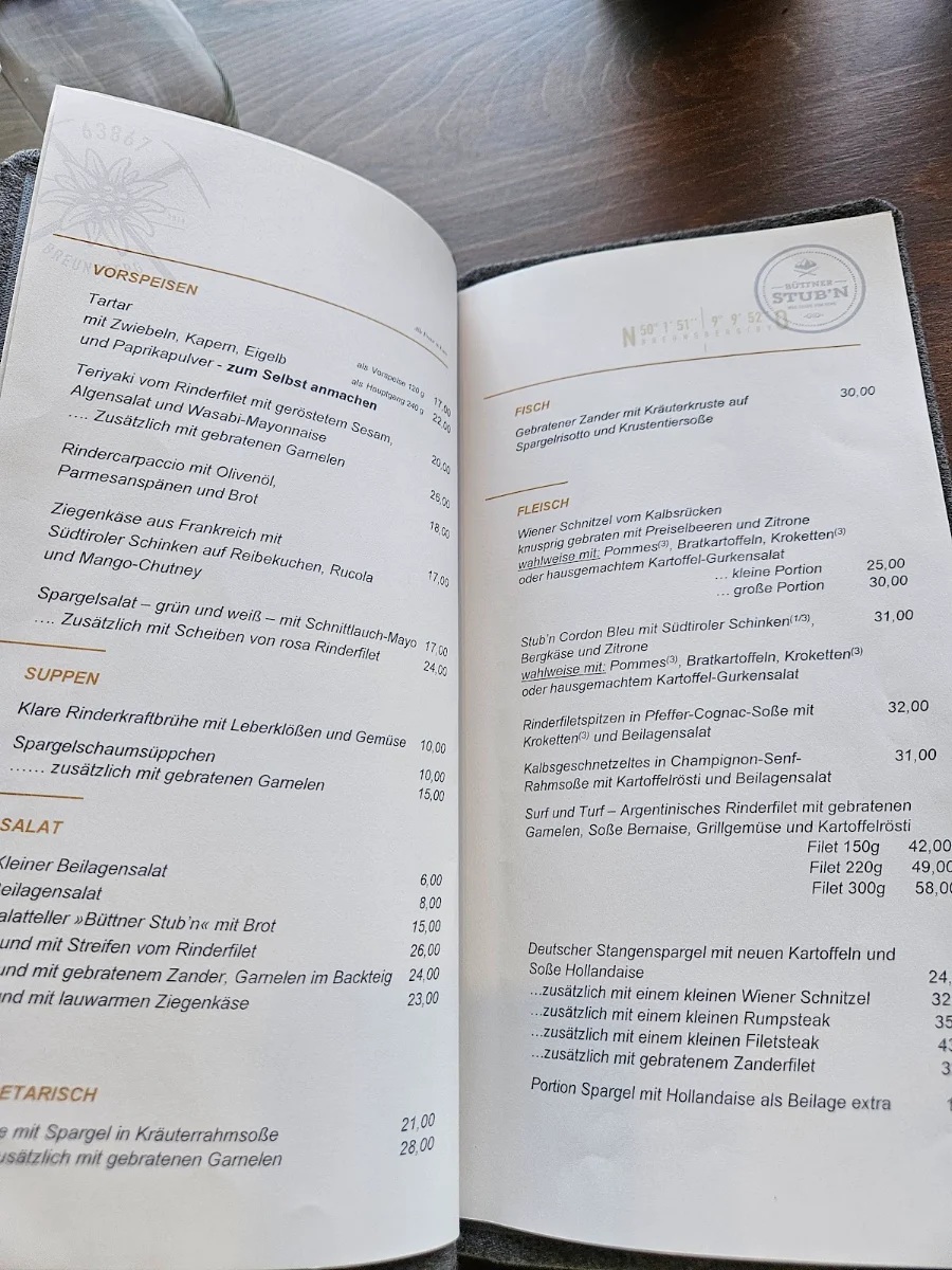 Speisekarte, Büttner Stub‘n