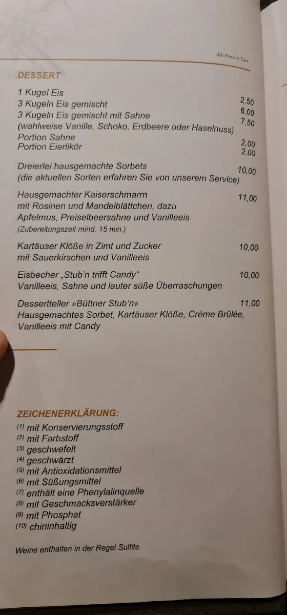 Speisekarte, Büttner Stub‘n
