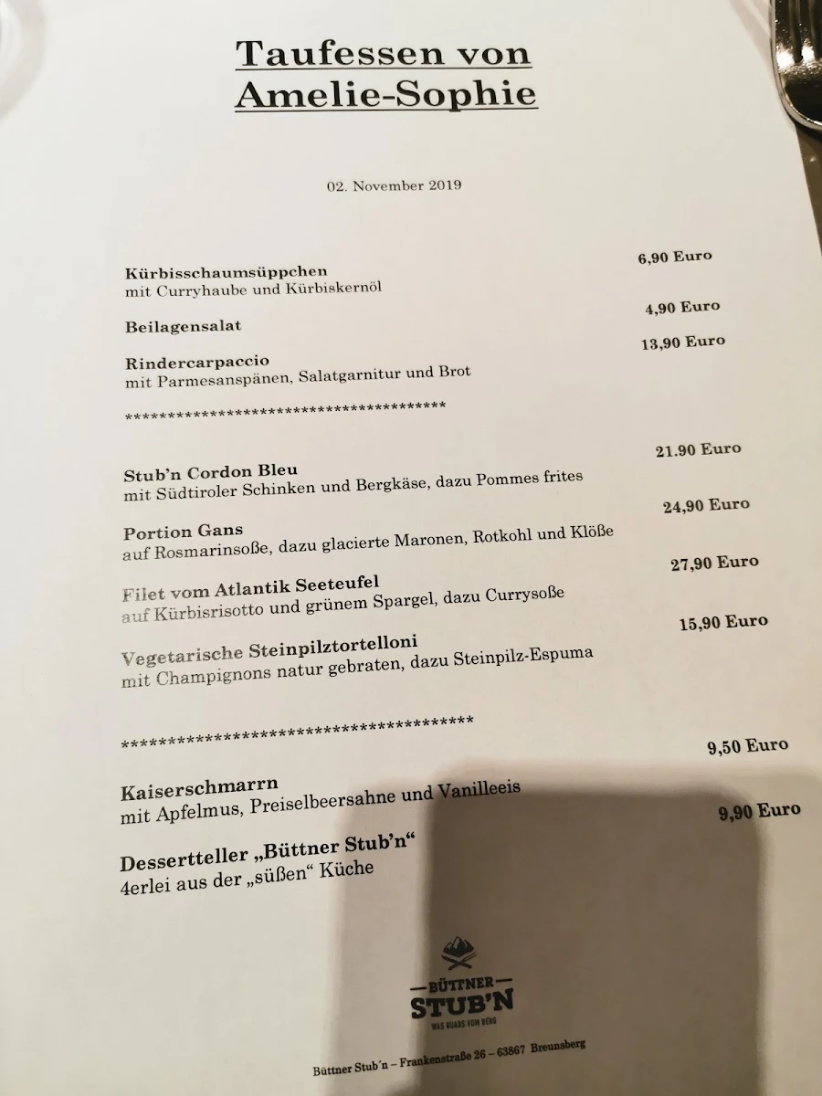 Speisekarte, Büttner Stub‘n