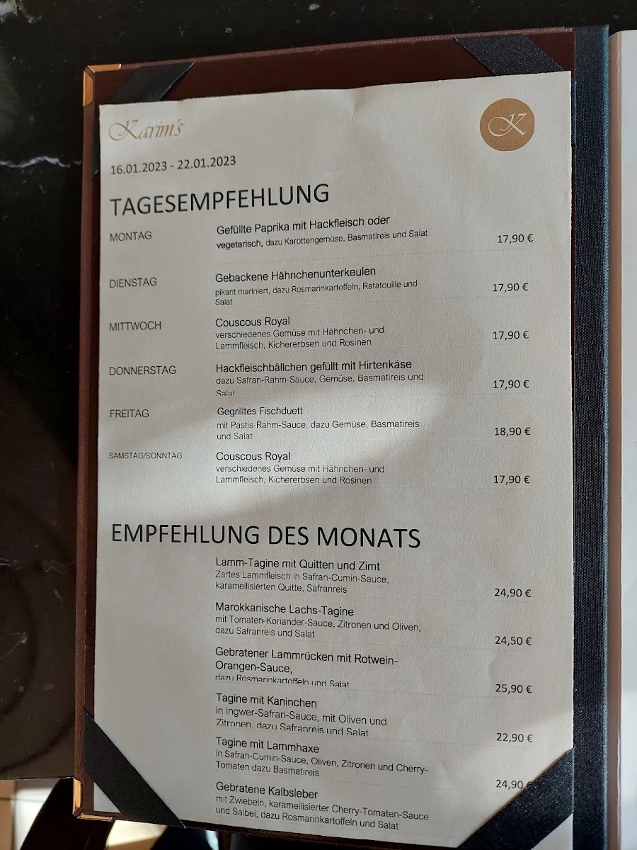Speisekarte, Karim's Brasserie